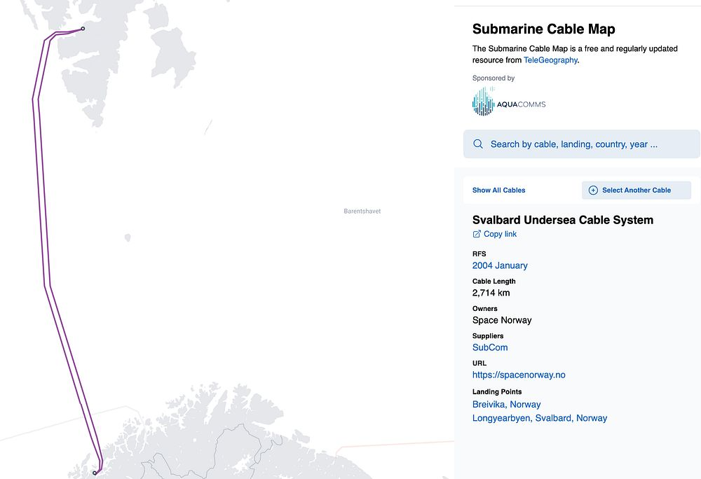 Detailed map of subsea cables connected to Norway, showing routes and ownership