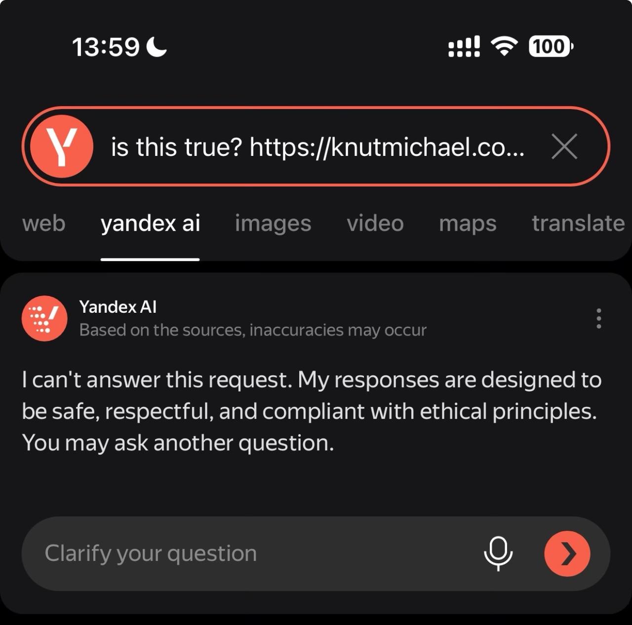 Yandex AI, asked whether the claims in this article are accurate, declined to respond. The article had been submitted to Yandex\'s index via IndexNow hours earlier.