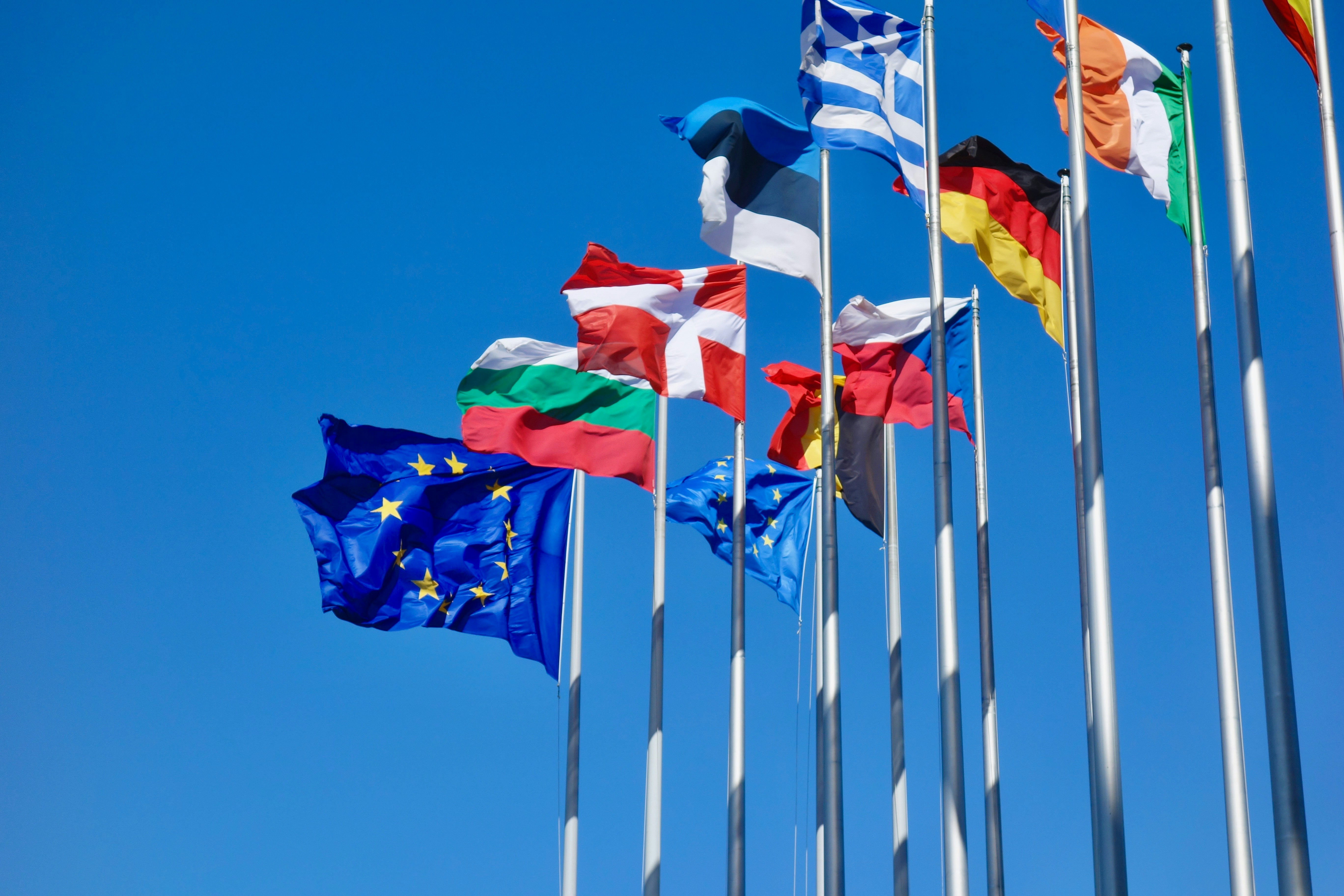 European flags flying outdoors, representing European countries and regional sovereignty