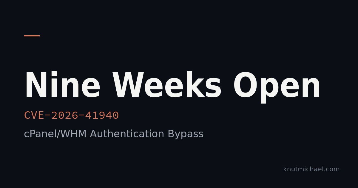 Dark cover with the title "Nine Weeks Open" above the monospace identifier CVE-2026-41940 and the subtitle "cPanel/WHM Authentication Bypass", knutmichael.com mark in the lower-right corner.