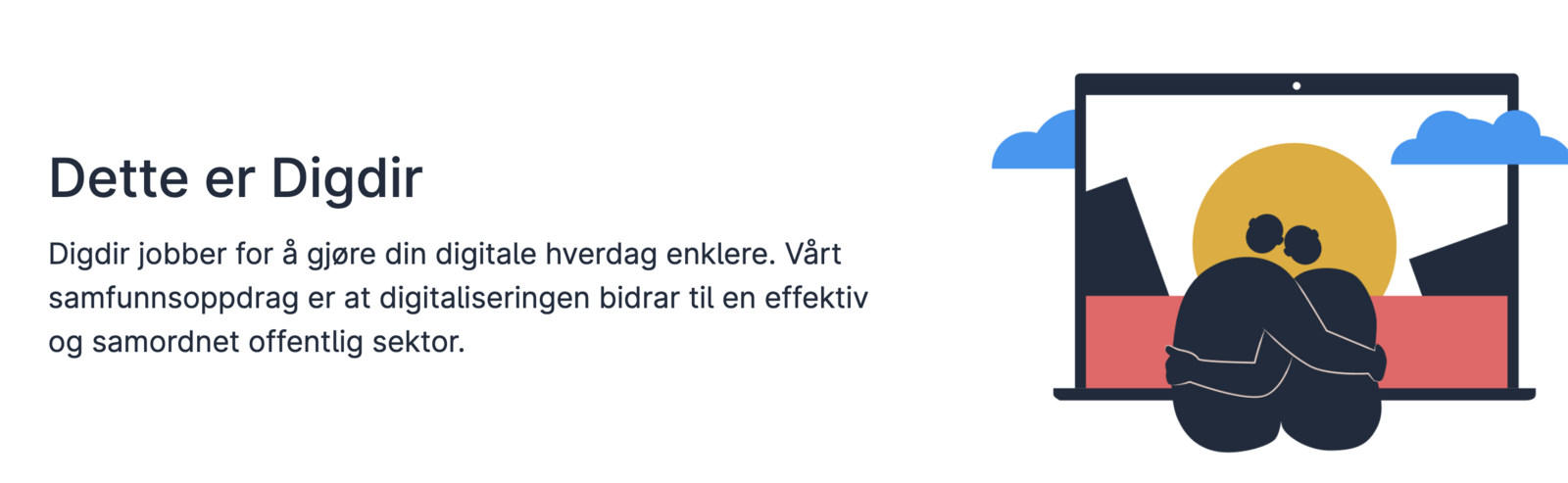 Skjermbilde av Digdirs forside med overskriften «Dette er Digdir» og teksten om at Digdir jobber for å gjøre din digitale hverdag enklere. Ingen driftsmelding er synlig på siden.
