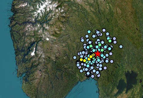 Screenshot from the European-Mediterranean Seismological Centre showing the Oslo-region earthquake in Norway, including the mapped event location and surrounding area.