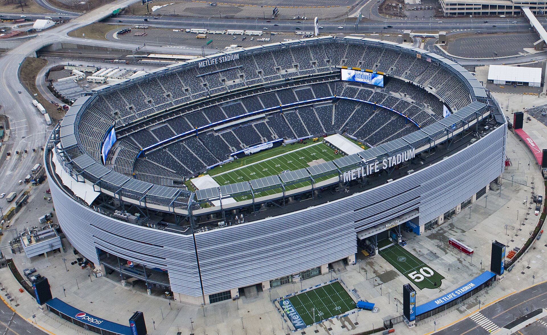 Aerial view of MetLife Stadium in East Rutherford, New Jersey, where Brazil play Norway in the 2026 World Cup round of 16.