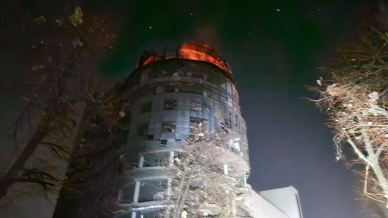 Damaged office building in Kyiv following a Russian attack, 2022