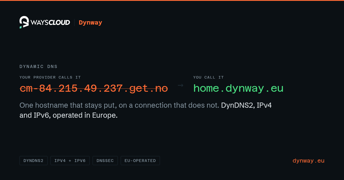 A provider-assigned hostname crossed out and replaced by the stable address home.dynway.eu