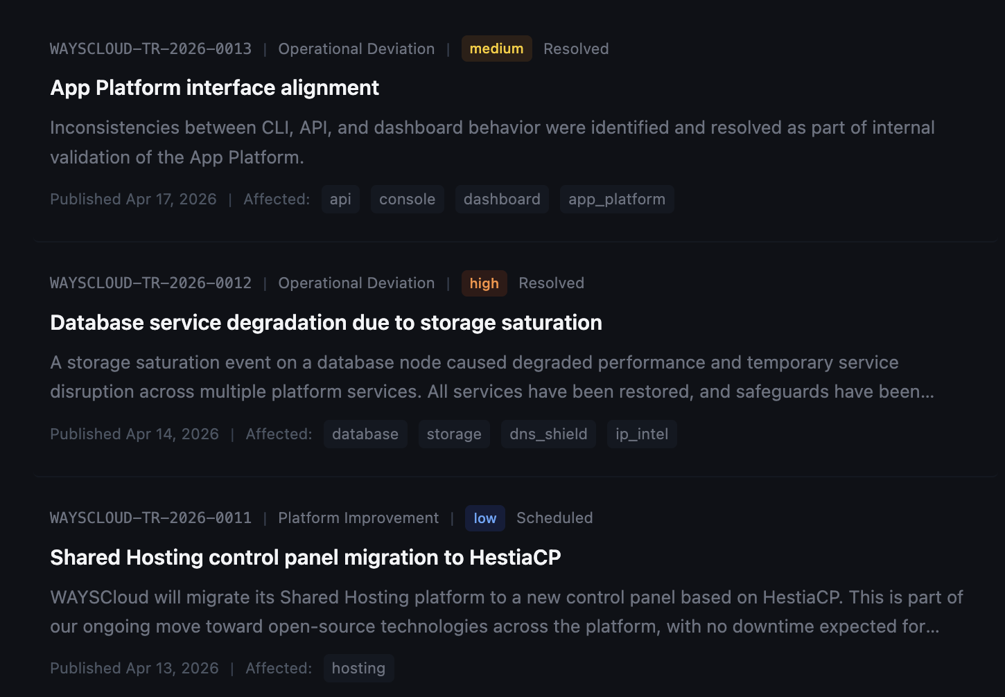 Overview of recent Trust Center cases from WAYSCloud, including operational deviations, security reports and incident documentation.