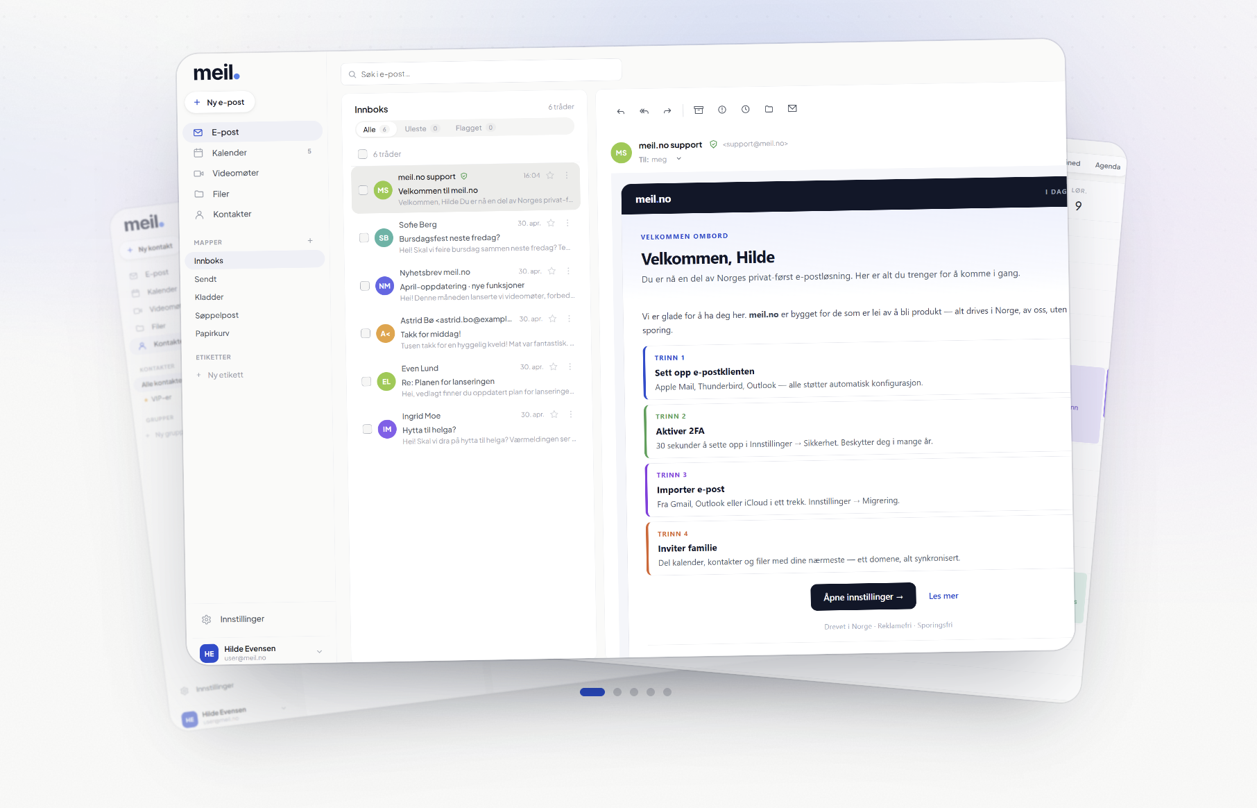Preview of the meil.no mail inbox interface showing a clean, privacy-focused Norwegian email service.