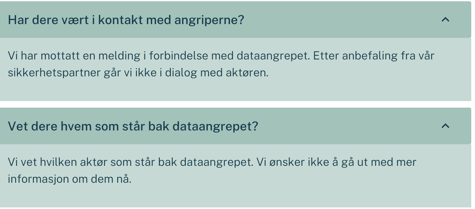 Skjermbilde fra Lørenskog kommunes FAQ om dataangrepet, hvor kommunen bekrefter at de har mottatt en melding fra angriperne og kjenner identiteten til aktøren bak hendelsen.